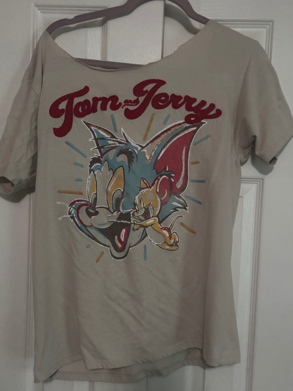 Beige tom and Jerry cartoon tee off the shoulder vintage retro cute kitschy